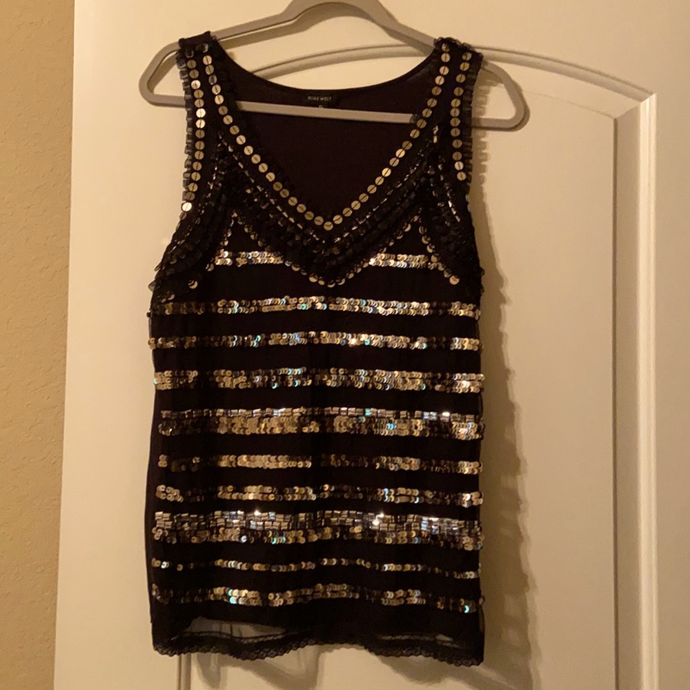 Nine West black tank with gold & silver sequins